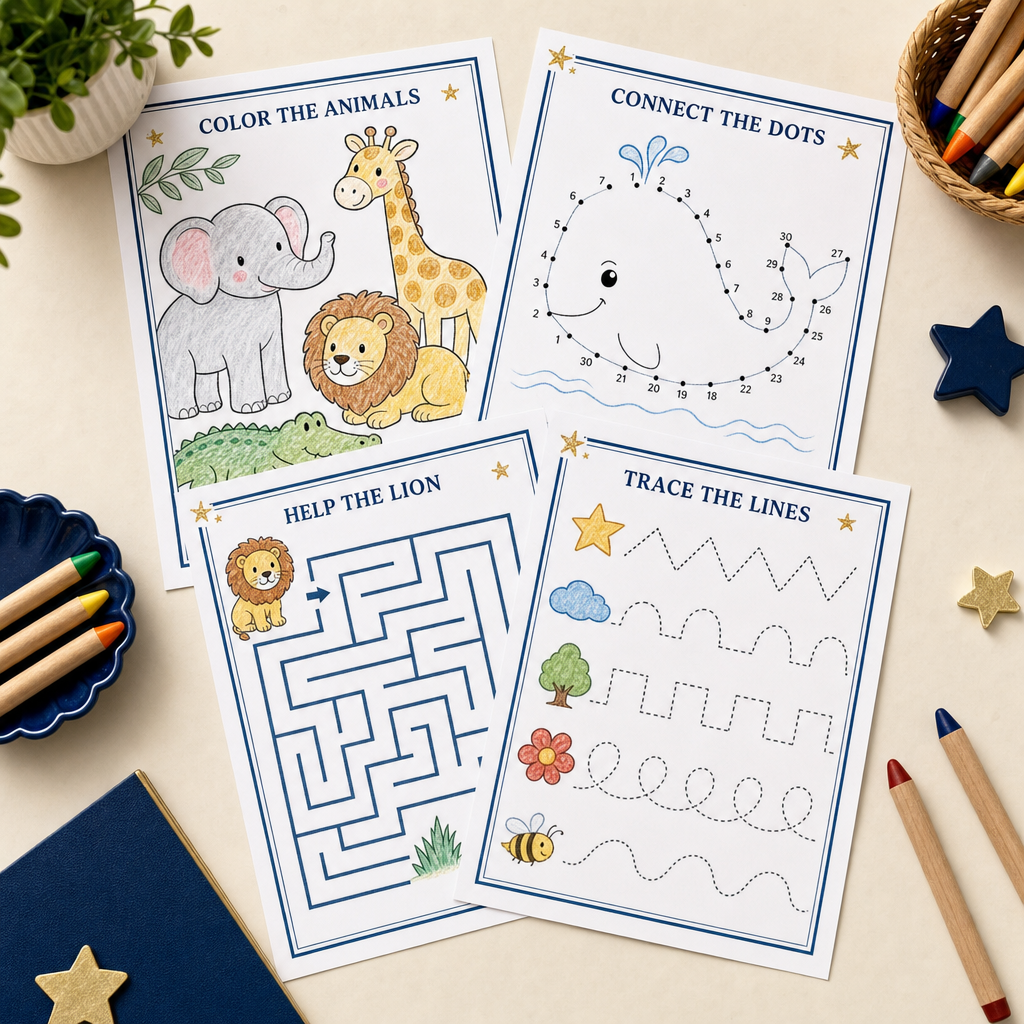 Printable children’s activity sheets with simple line drawings and puzzles