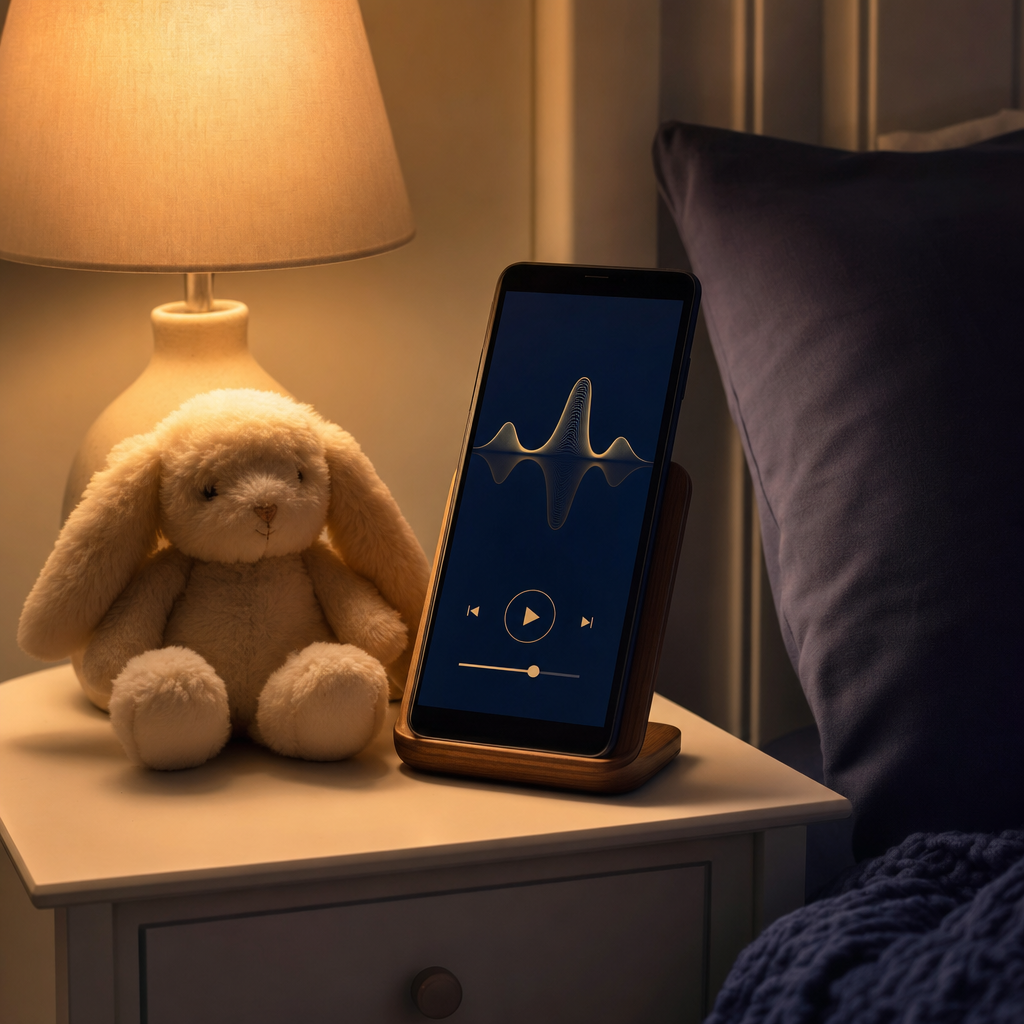 A cosy bedtime scene representing calm narrated audio stories for children