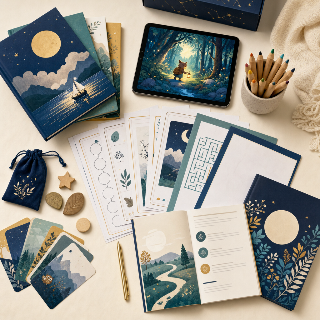 The complete NORTHVICUS family bundle of storybooks, printables and audio laid out together