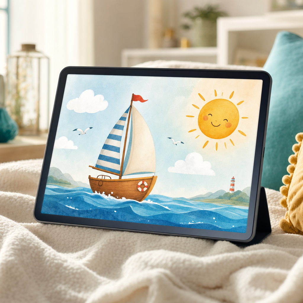 A tablet showing a children’s story alongside a simple parent reading guide